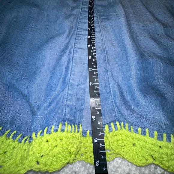 Joan Vass Blue Denim Dress/top with hand crocheted bright green trim large - Picture 7 of 7